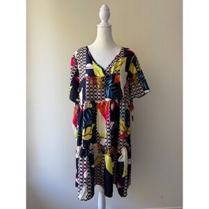 Fantaslook Women's XL Mini Dress Multicolor Checkerboard Tropical Print Vacation